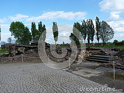 The ruins of the crematoria in the former concentration camp. Auschwitz Birkenau Editorial Stock Photo