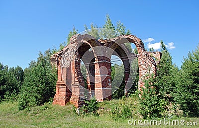 Ruins of the destroyed church. Russian remote places Stock Photo