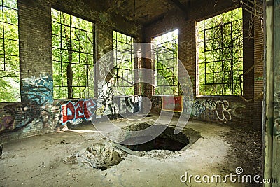 Ruins of electrical station on Hockanum River in Manchester, Connecticut. Stock Photo