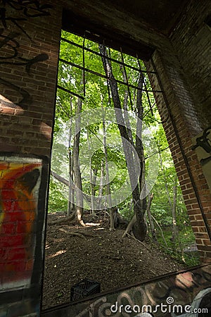 Ruins of electrical station on Hockanum River in Manchester, Connecticut. Stock Photo