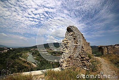 Ruins of the fortress of Bebriscic of the IX century and a view of the Aragvi River Stock Photo