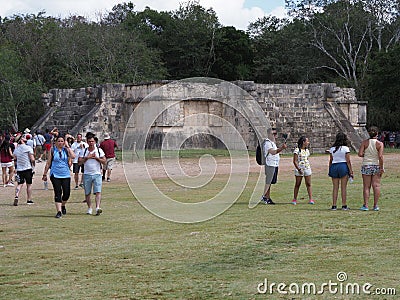 Ruins of great platform of Venus building with tourists at Chichen Itza city in Mexico on February Editorial Stock Photo