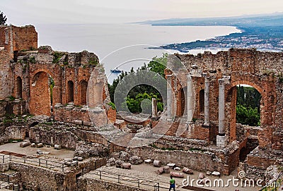Ruins of the Greek Roman Theater in Taormina, Sicily, Italy Editorial Stock Photo