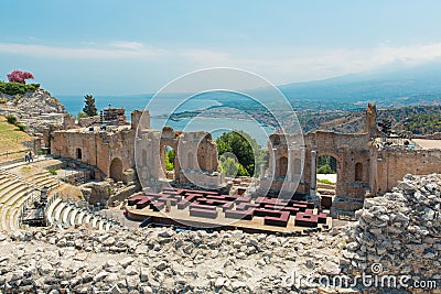 Ruins of the Greek Roman Theater, Taormina, Sicily, Italy Stock Photo
