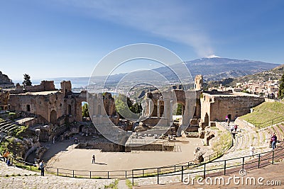 Ruins of the Greek Roman Theater, Taormina, Sicily Editorial Stock Photo