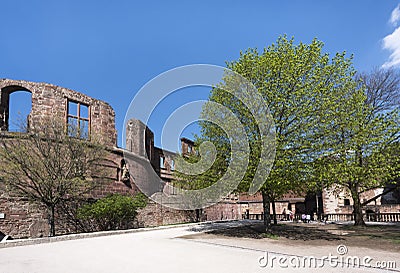 Ruins of Heidelberg castle - Closeup of detached tower with empty windows next to contrasting green trees in front of blue skye, c Stock Photo