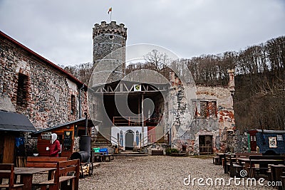 Ruins of Horni Hrad, Medieval Hauenstejn castle, gothic and renaissance or neo-renaissance fragments, ancient chateau, round stone Editorial Stock Photo