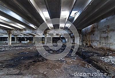 Ruins of industrial enterprise buildings abandoned or destroyed. Stock Photo