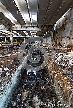 Ruins of industrial enterprise buildings abandoned or destroyed. Stock Photo