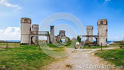 Ruins of the Manoir de Coecilian of the French poet Saint-Pol-Roux / Paul-Pierre Roux in Camaret-sur-Mer, Brittany, France Editorial Stock Photo