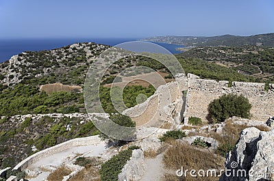 Ruins of the medieval castle of Kastellos with a beautiful view of the Bay and mountains Stock Photo