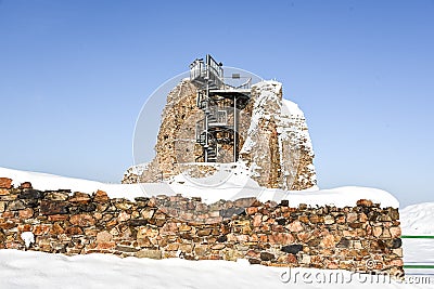 Ruins of medieval castle Lichnice near Tremosnice, Czech Republic. Sunny snowy winter day Stock Photo