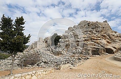 Ruins of the medieval fortress Nimrod Mivtzar Nimrod located in the northern Golan Heights in Israel. Stock Photo