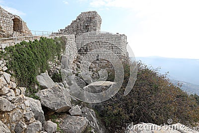 Ruins of the medieval fortress Nimrod Mivtzar Nimrod located in the northern Golan Heights in Israel. Stock Photo