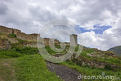 Ruins of medieval fortress. Outskirts of Khoy village which located on the bank of Ahkhete river. Chechnya Chechen Republic, Stock Photo