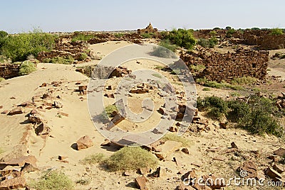 Ruins of the mysterious Kuldhara abandoned settlement in the desert near Jaisalmer, India. Stock Photo