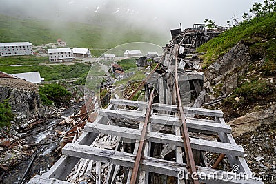 Ruins of an old abandoned mining ore track at Independence Mine Stock Photo