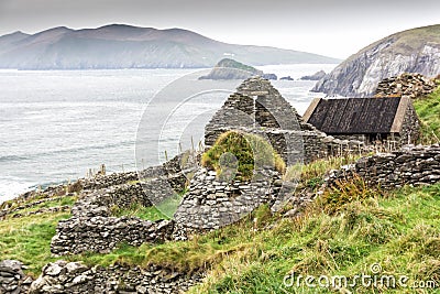 Irish Farmhouse Ruin on Cliff Stock Photo