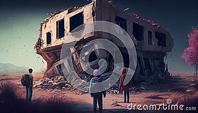 Ruins of an old house with childrens. Generative Ai Stock Photo