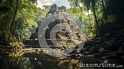 Ruins of old Mayan Pyramid hidden deep in the jungle Stock Photo