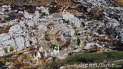 Ruins of old medieval village of Greolieres, drone aerial view of church, Alpes Maritimes, France Stock Photo