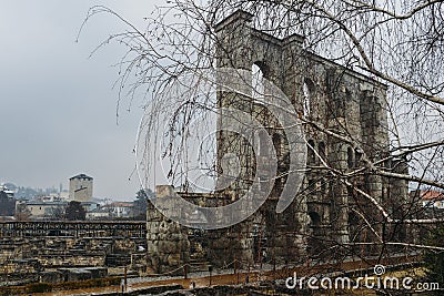 Ruins of old Roman theatre built in the late reign of Augustus in Aosta, Italy, some decades after the foundation of the city Stock Photo