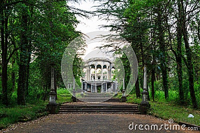 The ruins of the old Soviet sanatorium Medea, whose architecture which is basically a synthesis of Stalinist period classical Stock Photo