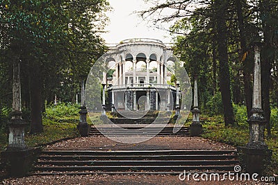 The ruins of the old Soviet sanatorium Medea, whose architecture which is basically a synthesis of Stalinist period classical Stock Photo