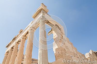 Ruins of old temple of Athena Polias near Parthenon temple, Athens, Greece Stock Photo