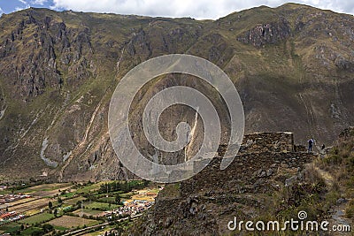 Peruvian mountain landscape with Ruins of Ollantaytambo in Sacred Valley of the Incas in Cusco, Peru Stock Photo