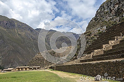 Peruvian mountain landscape with Ruins of Ollantaytambo in Sacred Valley of the Incas in Cusco, Peru Stock Photo