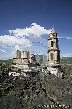 Ruins of the paricutin church in michoacan, mexico. Stock Photo