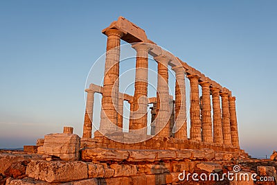 Ruins of Poseidon temple on Sounion cape at dawn Stock Photo