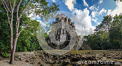 Landscape panorama of Ancient Mayan pyramid temple complex in Muyil, Yucatan Mexico Stock Photo