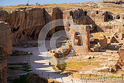 Ruins of rock cut building in Dara ancient city. Editorial Stock Photo