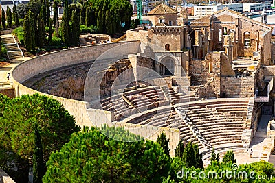 Ruins of roman amphitheater in Cartagena port city, southeastern Spain Stock Photo