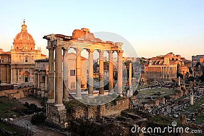 The Ruins of Roman`s forum at sunrise, ancient government buildings , temple and shrine of old Roman empire Stock Photo