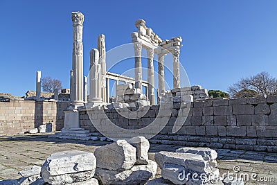 Ruins of Roman Temple of Trajan in Pergamon, Turkey Stock Photo