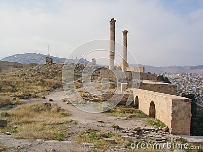 Ruins of Sanliurfa Castle with two columns of Korinth heads over the castle Stock Photo