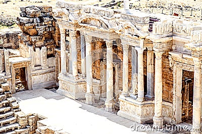 Ruins of the scene of the amphitheater in Pamukkale, Turkey. Stock Photo