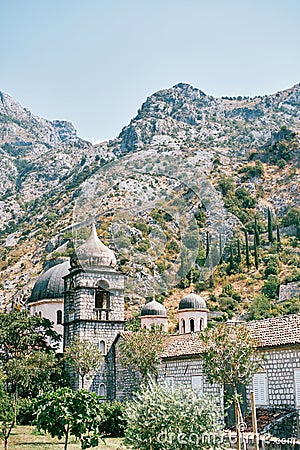 Ruins of St. Nicholas monastery with a tower near the Church of St. Nicholas. Kotor, Montenegro Stock Photo