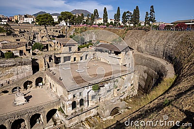 Ruins, streets and buildings of ancient roman town Ercolano - Herculaneum, destroyed by the eruption of the Mount Vesuvius Stock Photo