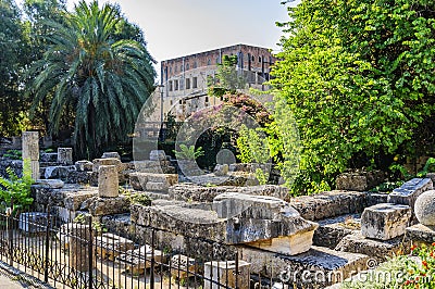 The ruins of the temple of Aphrodite in the square of Symi in the Old City. Rhodes, Greece Stock Photo