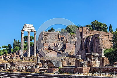 The ruins of the Temple of Castor and Pollux Stock Photo