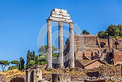 The ruins of the Temple of Castor and Pollux Stock Photo