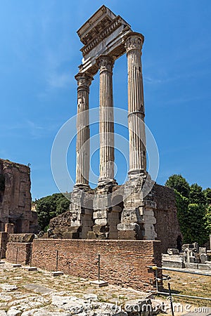 Ruins of Temple of Dioscuri at Roman Forum in city of Rome Stock Photo