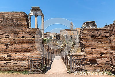 Ruins of Temple of Dioscuri at Roman Forum in city of Rome Stock Photo