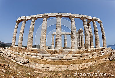 Fisheye view of ruins of the Temple of Poseidon at Cape Sounion near Athens, Greece. c 440 BC Stock Photo