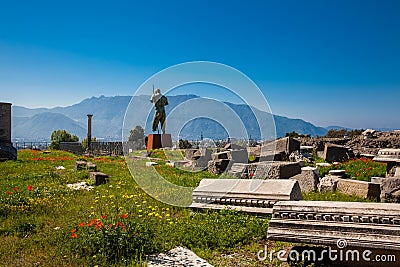 Ruins of the Temple of Venus at the ancient city of Pompeii and the mountains in spring Editorial Stock Photo