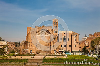 Ruins of the Temple of Venus and Roma located on the Velian Hill and Arch of Titus Stock Photo